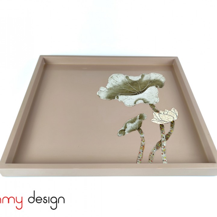 Rectangular lacquer tray with hand-painted lotus 31*34*H2cm